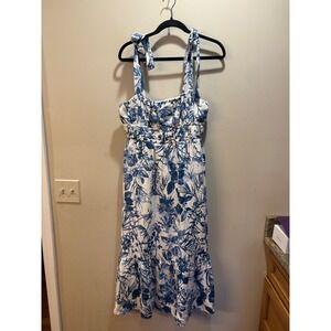 NWT Baltic Born Dress Forum Cherie Midi Dress Blue Floral Print Linen Blend  L